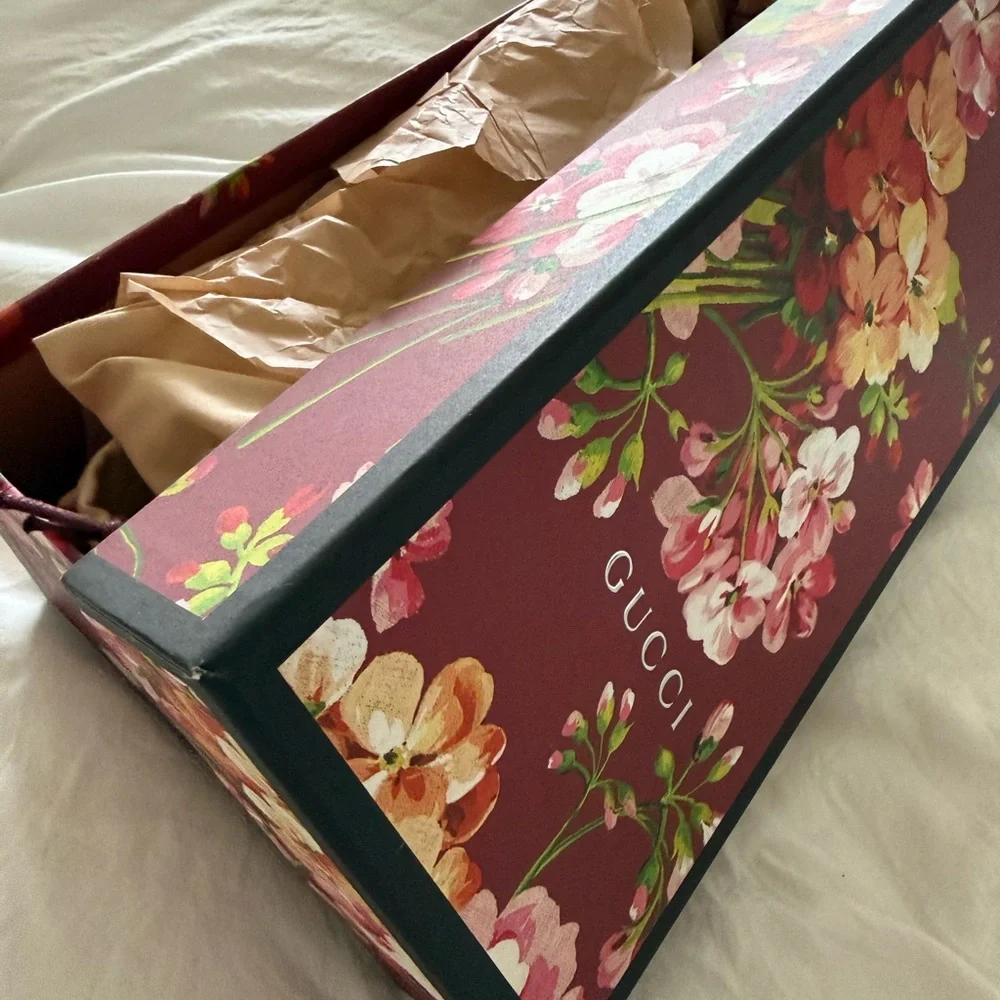 Gucci Black Slides with Pink & Green Floral GG Strap